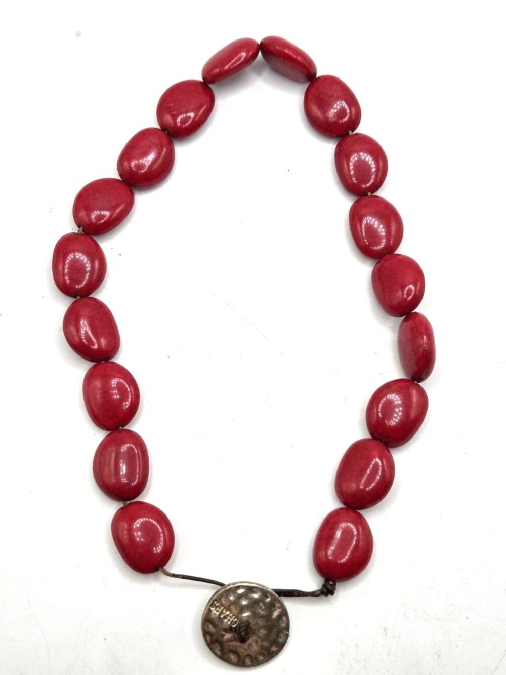 Chaps Red Beaded Necklace With Hammered Metal Button Closure